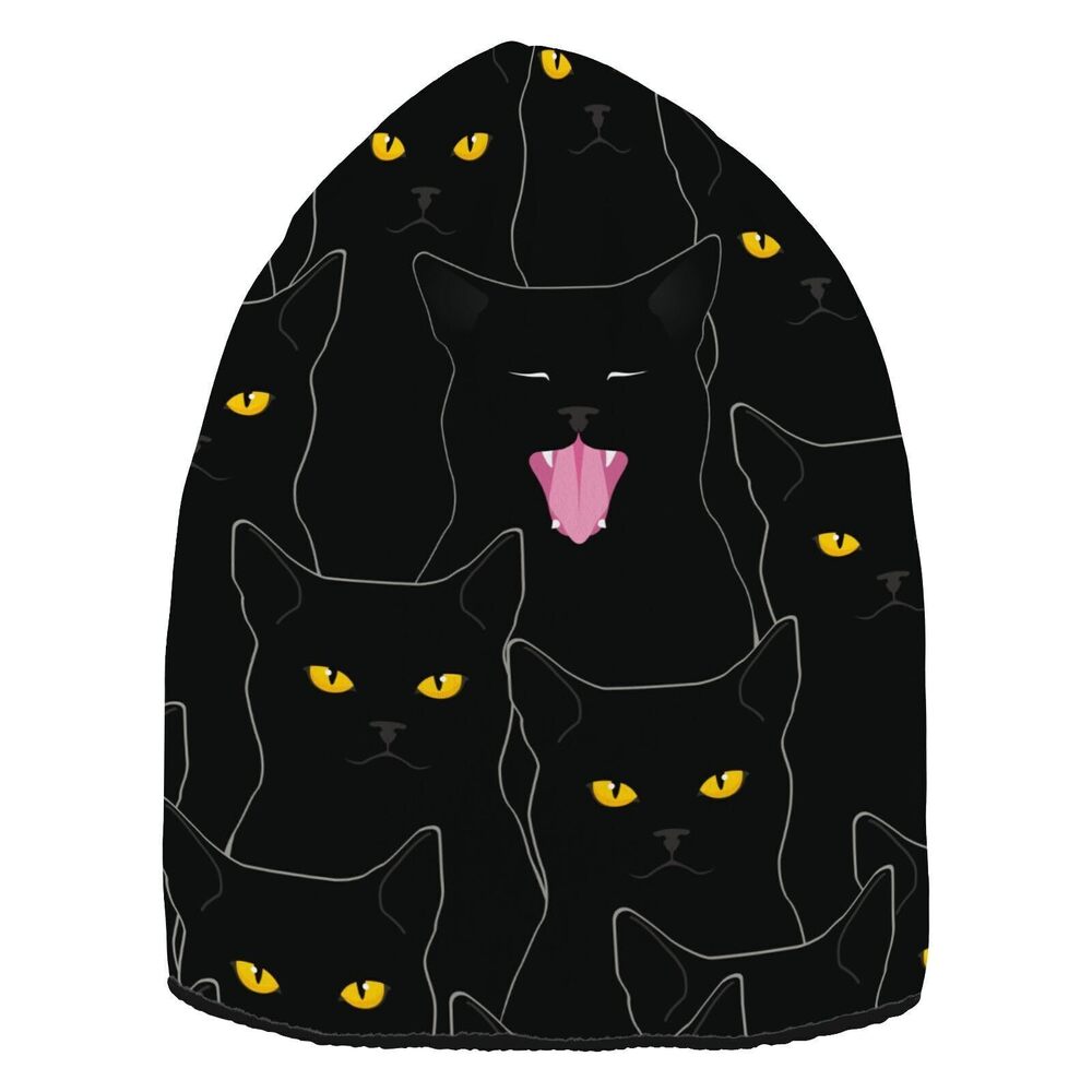 7616 Soft Beanie Hat Black Thick Warm Hat Unisex Hat Black Cats Pattern